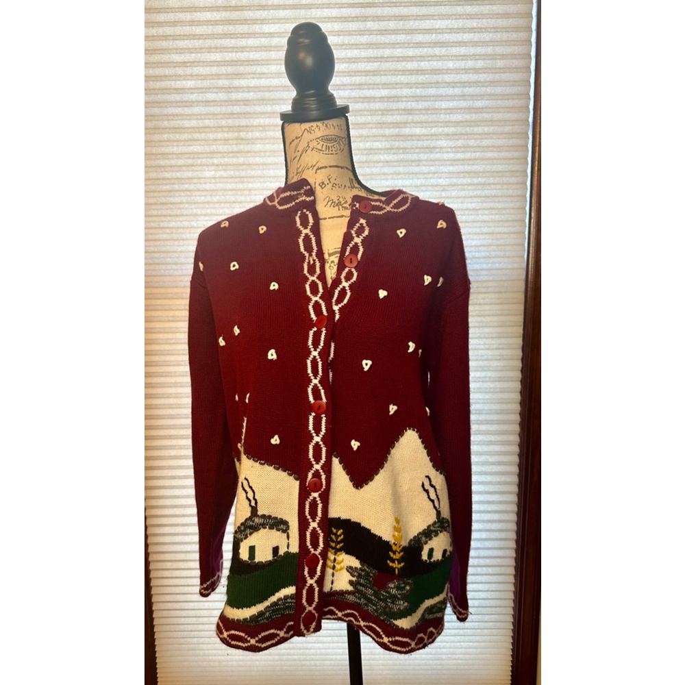 VINTAGE Joyce Medium Burgundy Cardigan with landscape & heart/dots